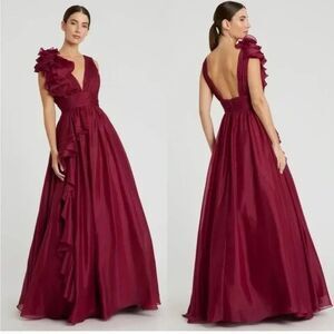 Mac Duggal 48856 WINE Ruffle Shoulder V-Neck Chiffon Evening Gown Dress NWOT 12